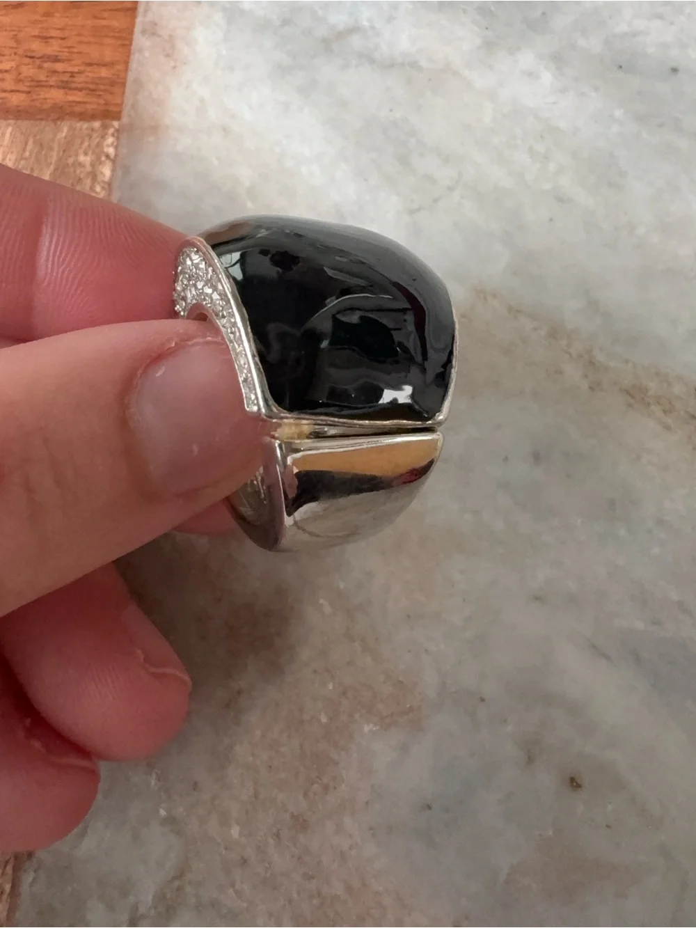 Vintage Black Cocktail Ring with Clear Stone Accents - Size 6 w/ Adjustable Band